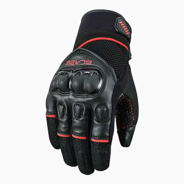 Striker short cuff motorcycle gloves – 3/4 front view – black leather mesh with red accents