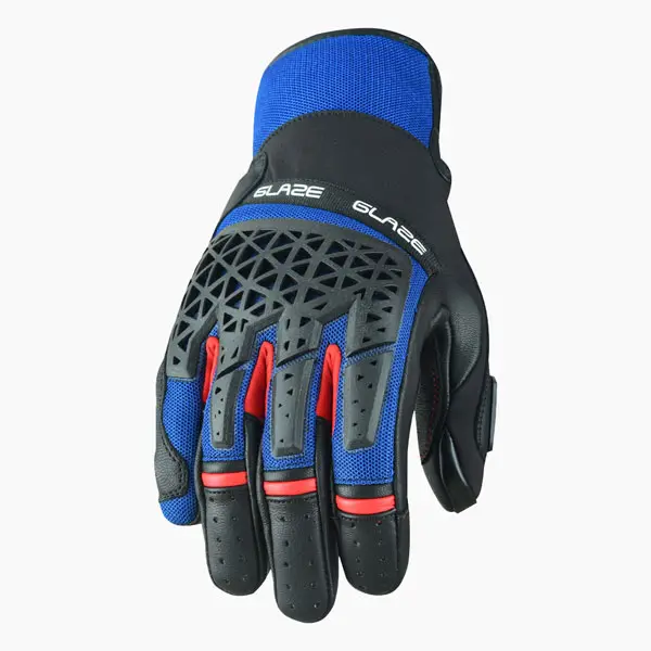 Vertex BBL off-road motorcycle gloves – 3/4 front view – blue and black with red accents – textile synthetic TPR