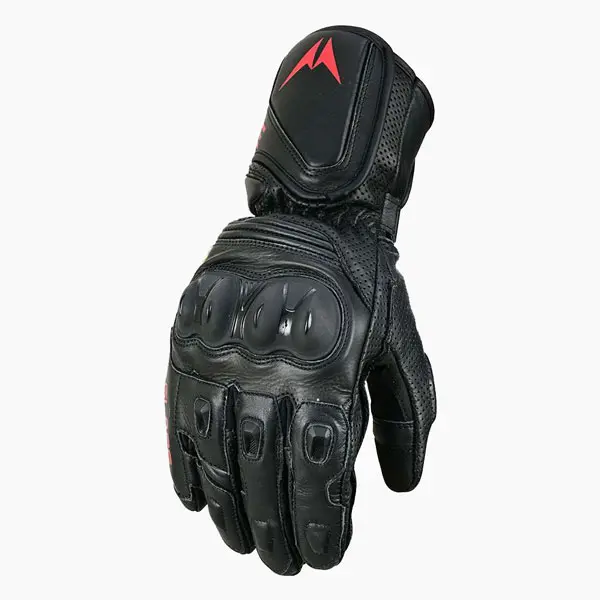 Vortex long cuff motorcycle gloves – 3/4 front-left view in black red leather with knuckle protectors