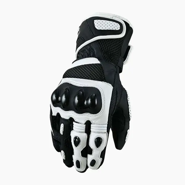 Arvex BLW long cuff motorcycle gloves – 3/4 front-left view in black white leather with hard knuckle protection