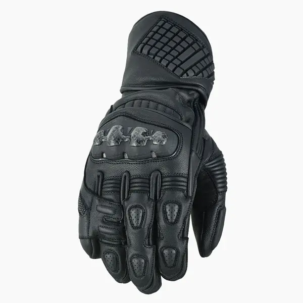 ImpactPro BLK long cuff motorcycle gloves – 3/4 front-left view in black leather with carbon knuckle protection