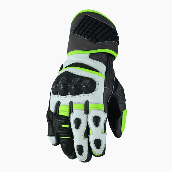 ImpactPro BWH long cuff motorcycle gloves – 3/4 front-left view in white black hi-vis with carbon knuckle protection