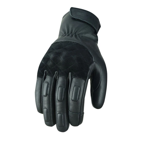 Classic black leather motorcycle gloves front view with padded fingers