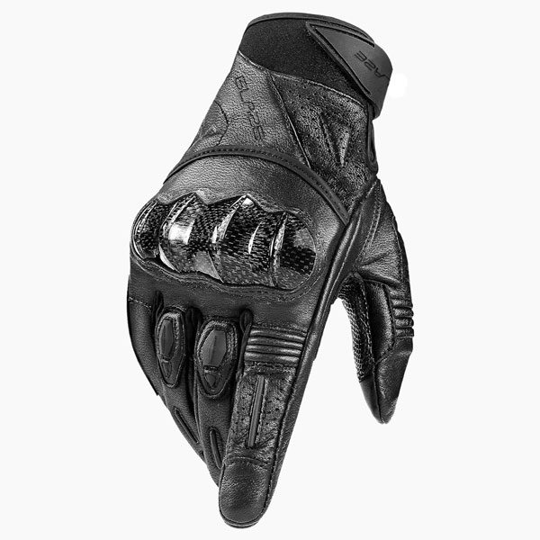 CarbonStrike black leather motorcycle gloves – 3/4 front-left view with carbon knuckle protection