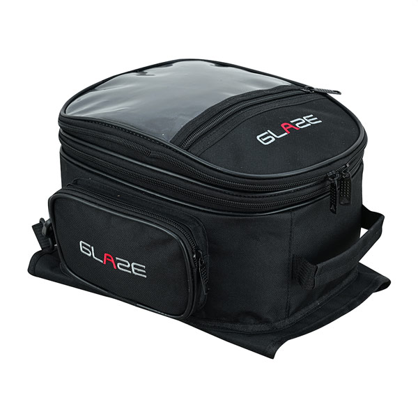 HydroGuard Black Motorcycle Tank Bag – 3/4 Front View with Map Pocket