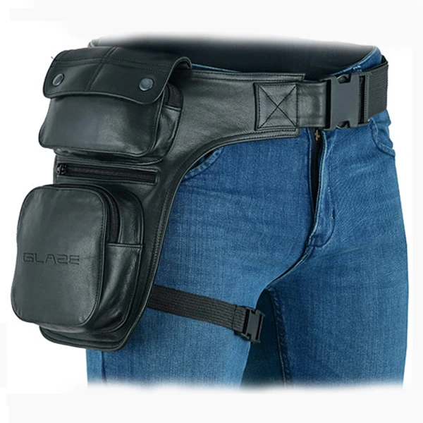 RangeRider Black Leather Motorcycle Leg Bag – 3/4 View Thigh Utility Pack