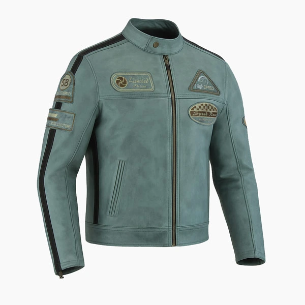 Terrain Teal Leather Motorcycle Jacket 3/4 View