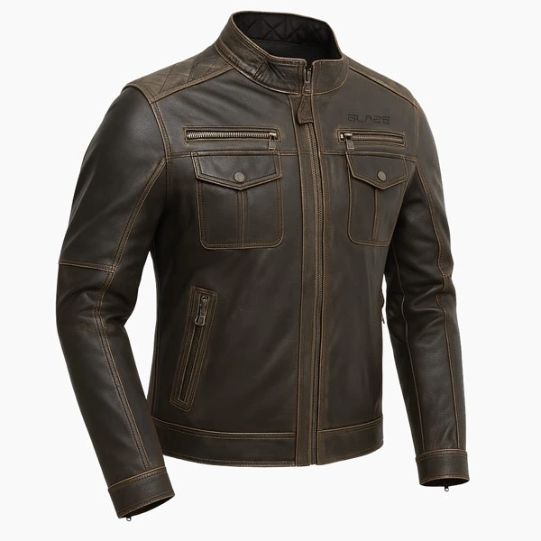 Rugged Brown Leather Motorcycle Jacket 3/4 View