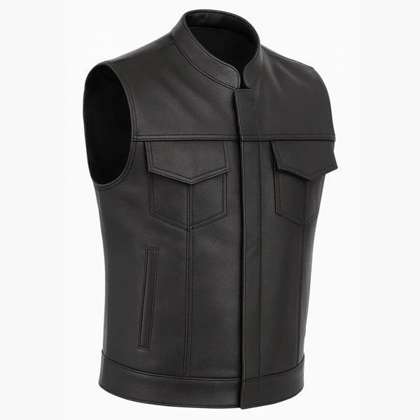 Recon Black Leather Motorcycle Vest 3/4 View