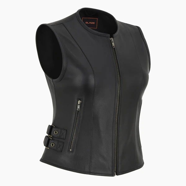 Sleek Black Womens Leather Motorcycle Vest 3/4 View