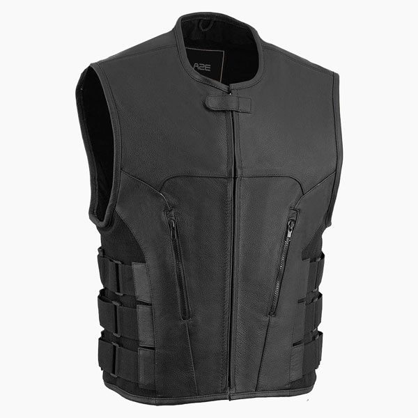 Elite Black Leather Motorcycle Vest 3/4 View