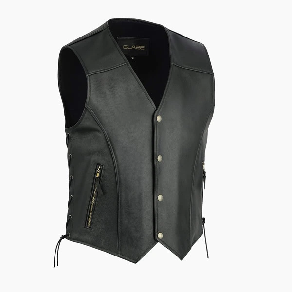 Timeless Black Leather Motorcycle Vest 3/4 View