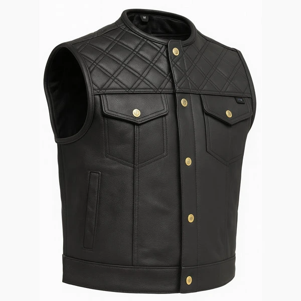 Nomad Black Leather Motorcycle Vest 3/4 View