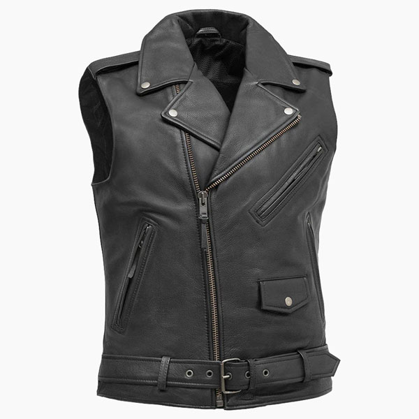 RetroCruise Black Leather Motorcycle Vest 3/4 View