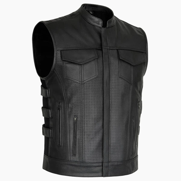Combat Black Leather Motorcycle Vest 3/4 View