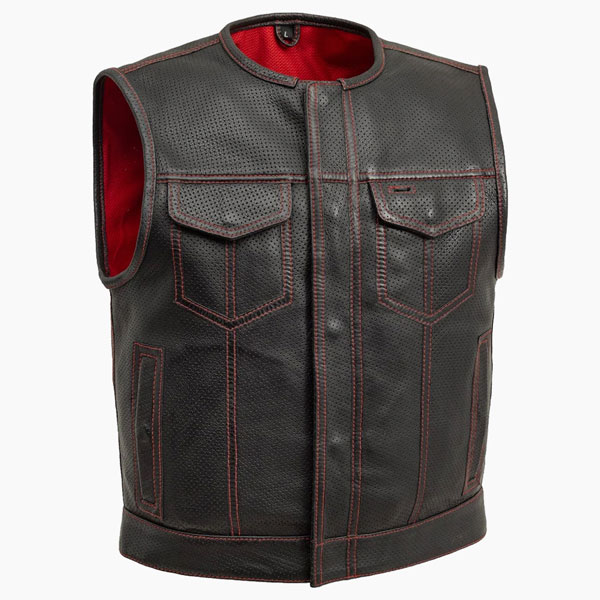 Hellion Black Red Leather Motorcycle Vest 3/4 View