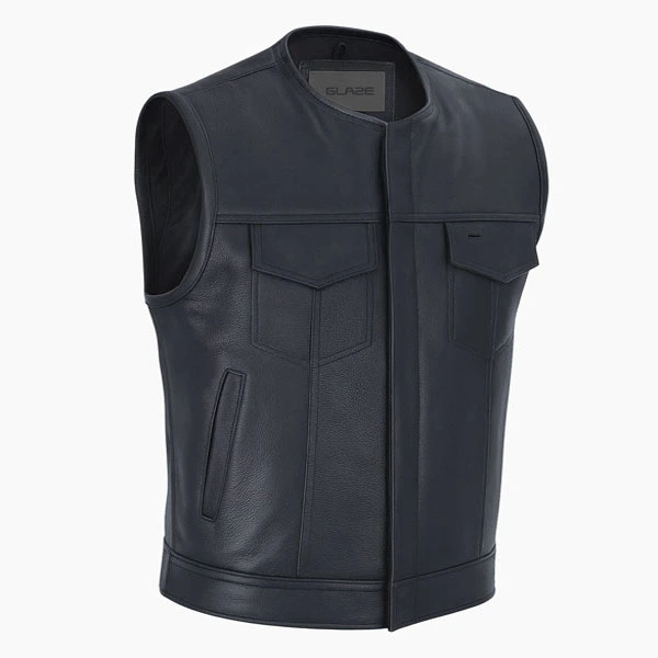 Stealth Navy Leather Motorcycle Vest 3/4 View