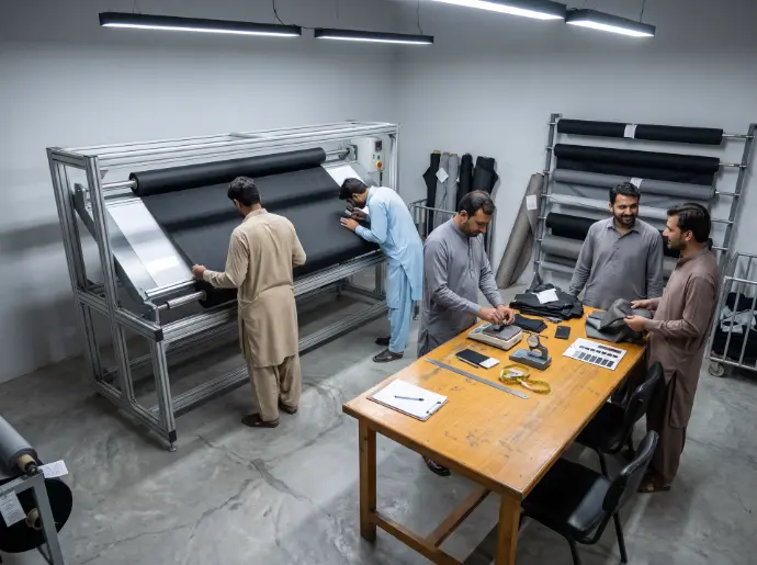 Technical motorcycle apparel fabric inspection at Glaze MFG in Sialkot Pakistan