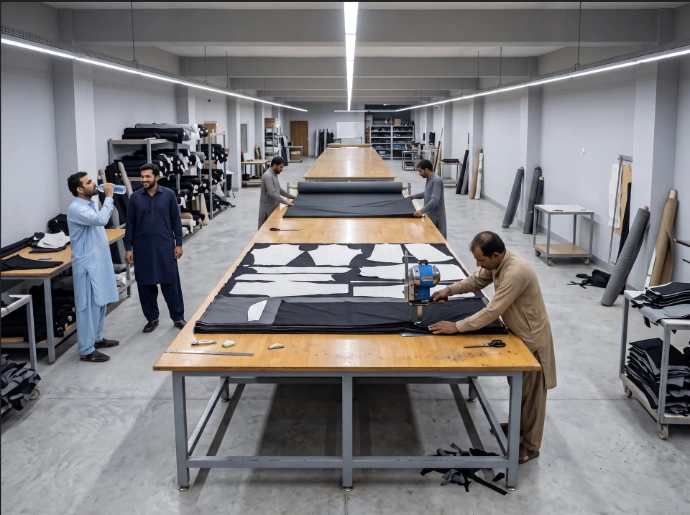 Motorcycle apparel fabric cutting department at Glaze MFG in Sialkot Pakistan