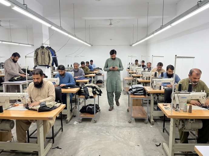 Motorcycle apparel stitching and garment assembly department at Glaze MFG