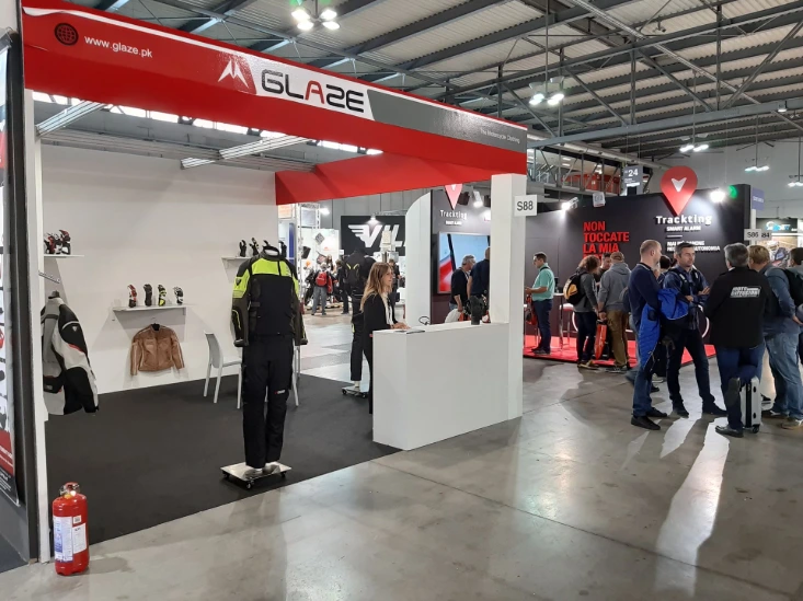 Glaze MFG motorcycle apparel exhibition booth at EICMA 2018 in Milan Italy