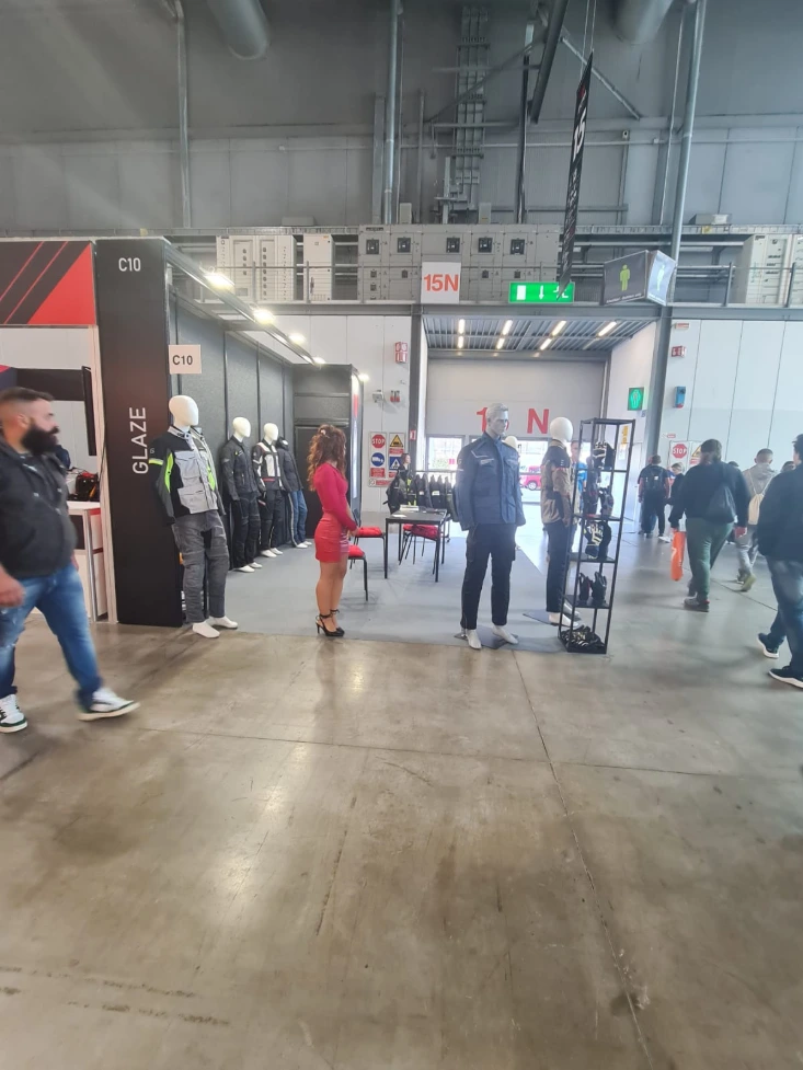 Glaze MFG exhibition stand and motorcycle apparel display at EICMA 2022 Milan