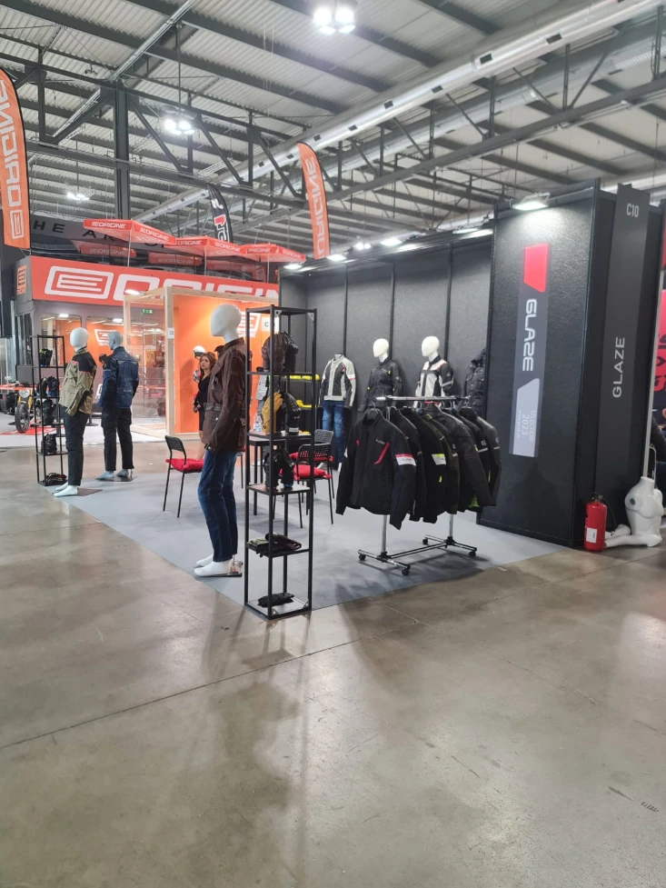Glaze MFG motorcycle apparel exhibition booth at EICMA 2022 in Milan Italy